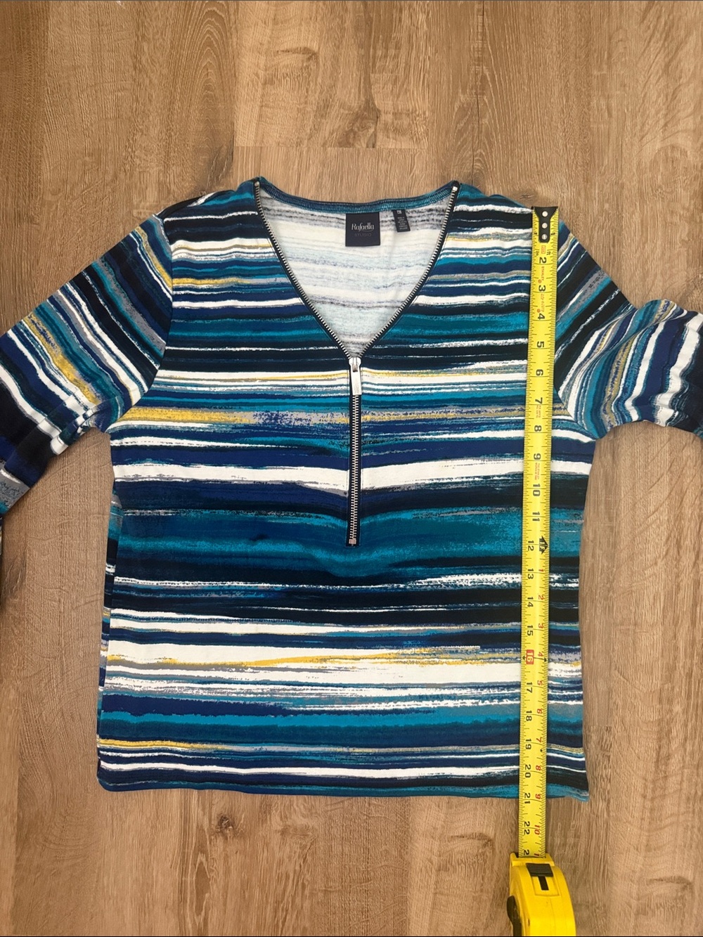 Rafaella Striped Half-Zip V-Neck Top in Teal and Navy Stripe - Picture 8 of 8